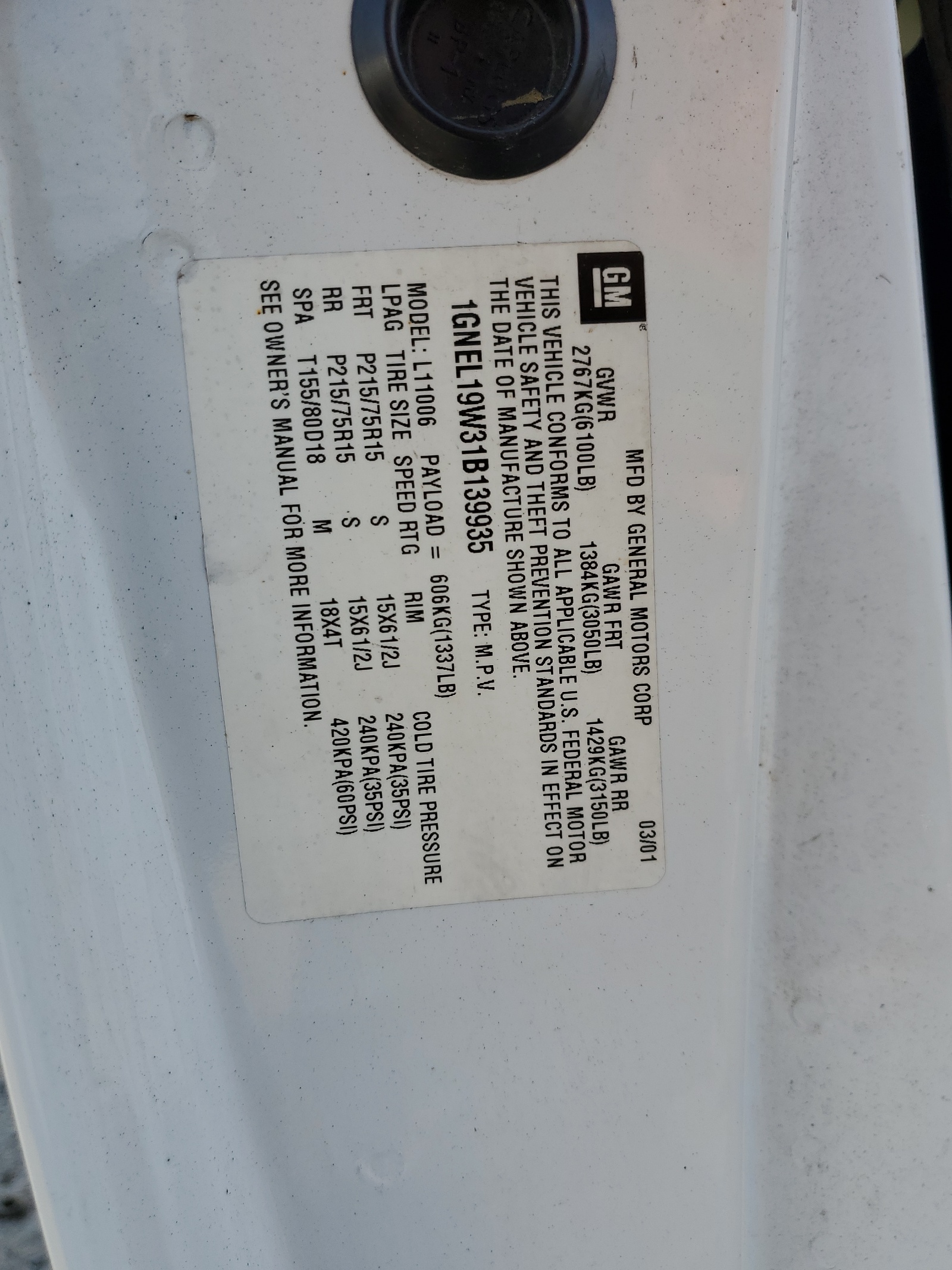 1GNEL19W31B139935 2001 Chevrolet Astro