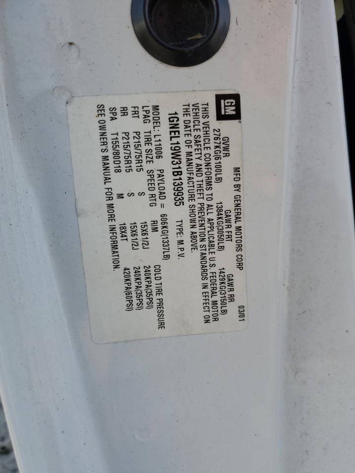 2001 Chevrolet Astro VIN: 1GNEL19W31B139935 Lot: 65523414