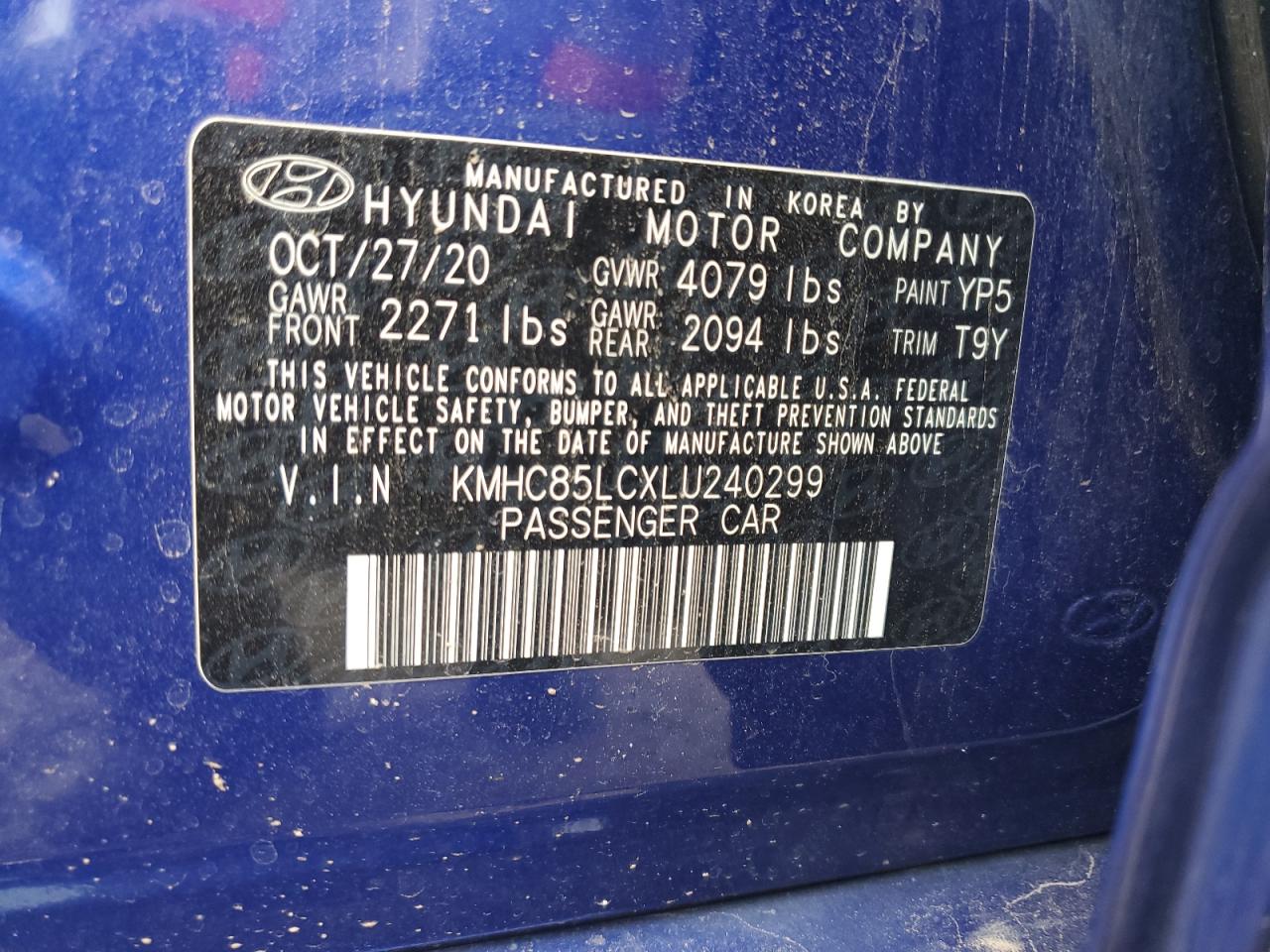 KMHC85LCXLU240299 2020 Hyundai Ioniq Sel