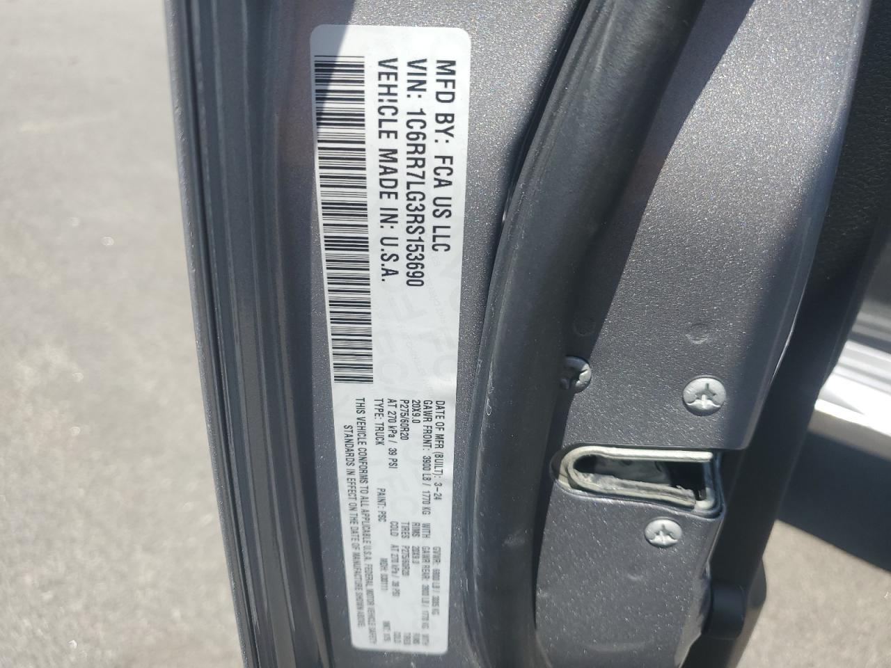 2024 Ram 1500 Classic Slt VIN: 1C6RR7LG3RS153690 Lot: 67325694