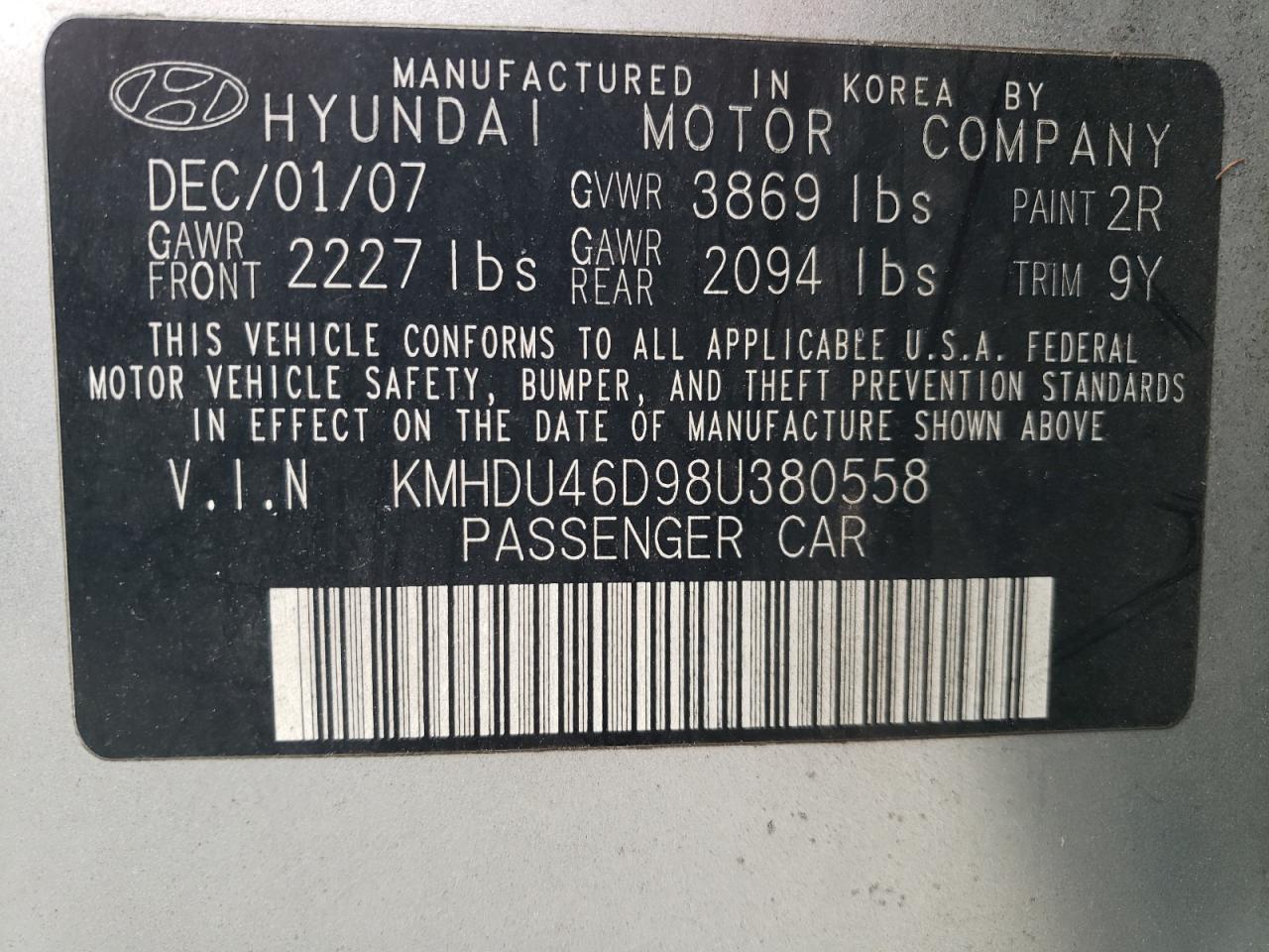 2008 Hyundai Elantra Gls VIN: KMHDU46D98U380558 Lot: 67141444