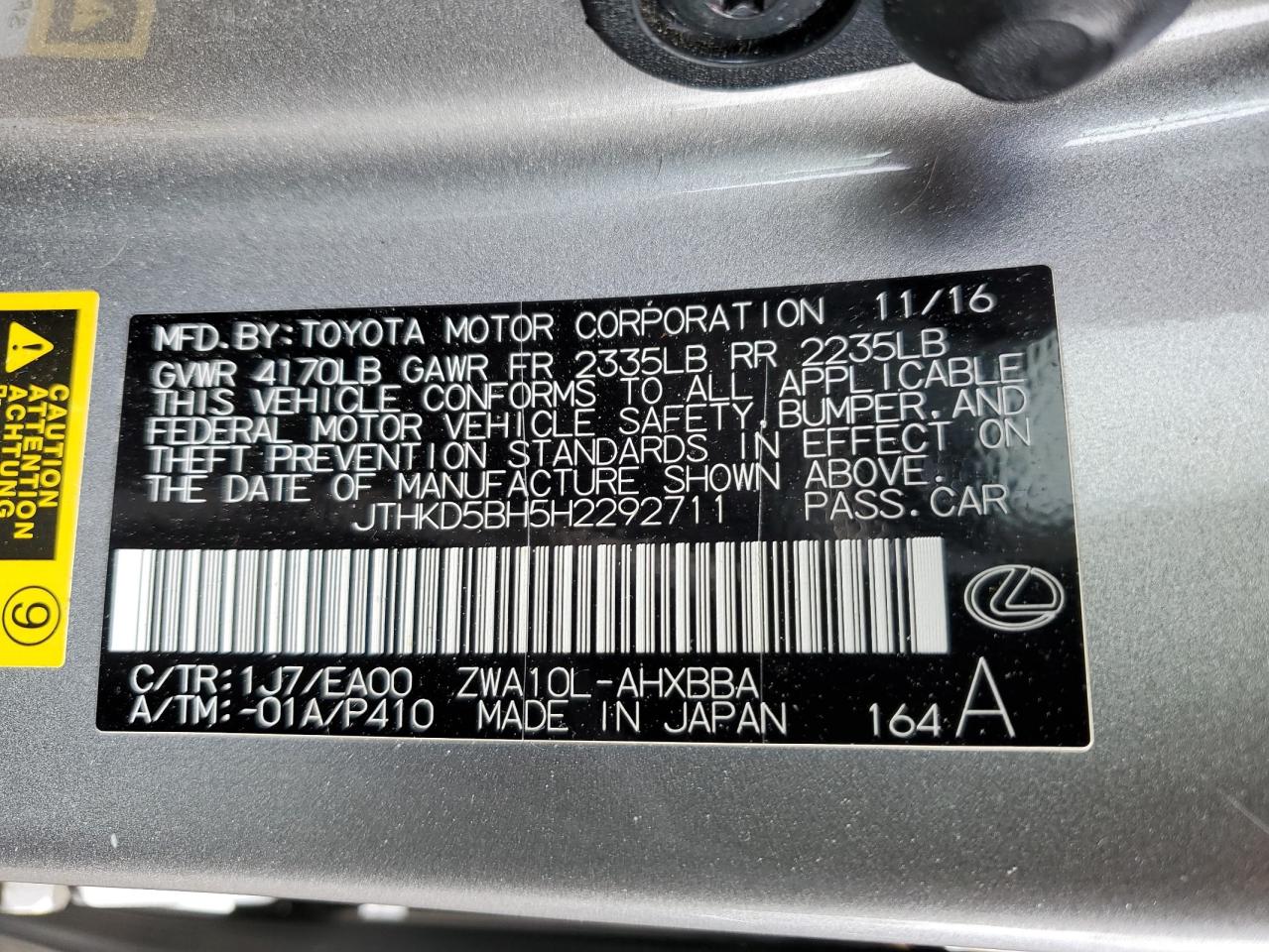 JTHKD5BH5H2292711 2017 Lexus Ct 200