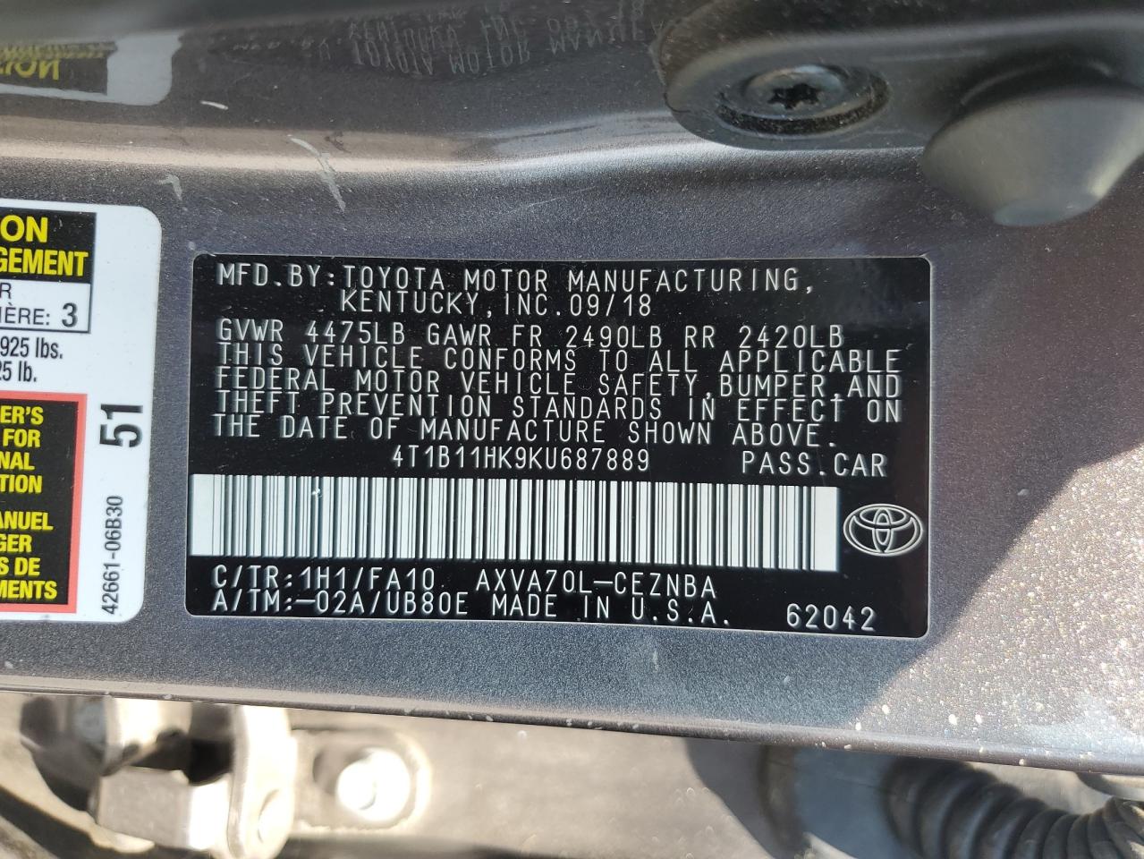 4T1B11HK9KU687889 2019 Toyota Camry L