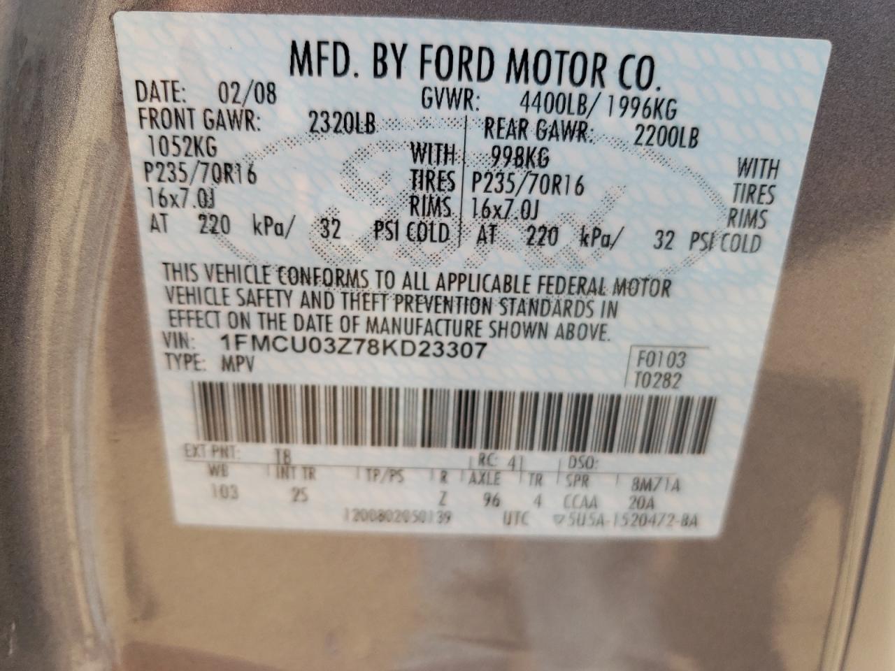 2008 Ford Escape Xlt VIN: 1FMCU03Z78KD23307 Lot: 67386864