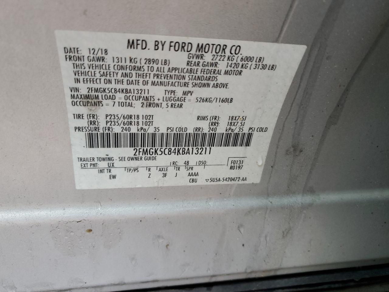 2FMGK5C84KBA13211 2019 Ford Flex Sel