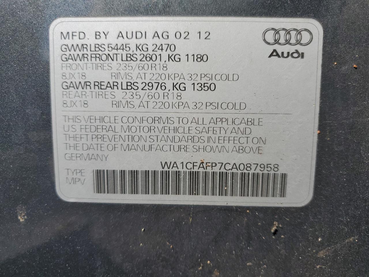 2012 Audi Q5 Premium VIN: WA1CFAFP7CA087958 Lot: 66788884