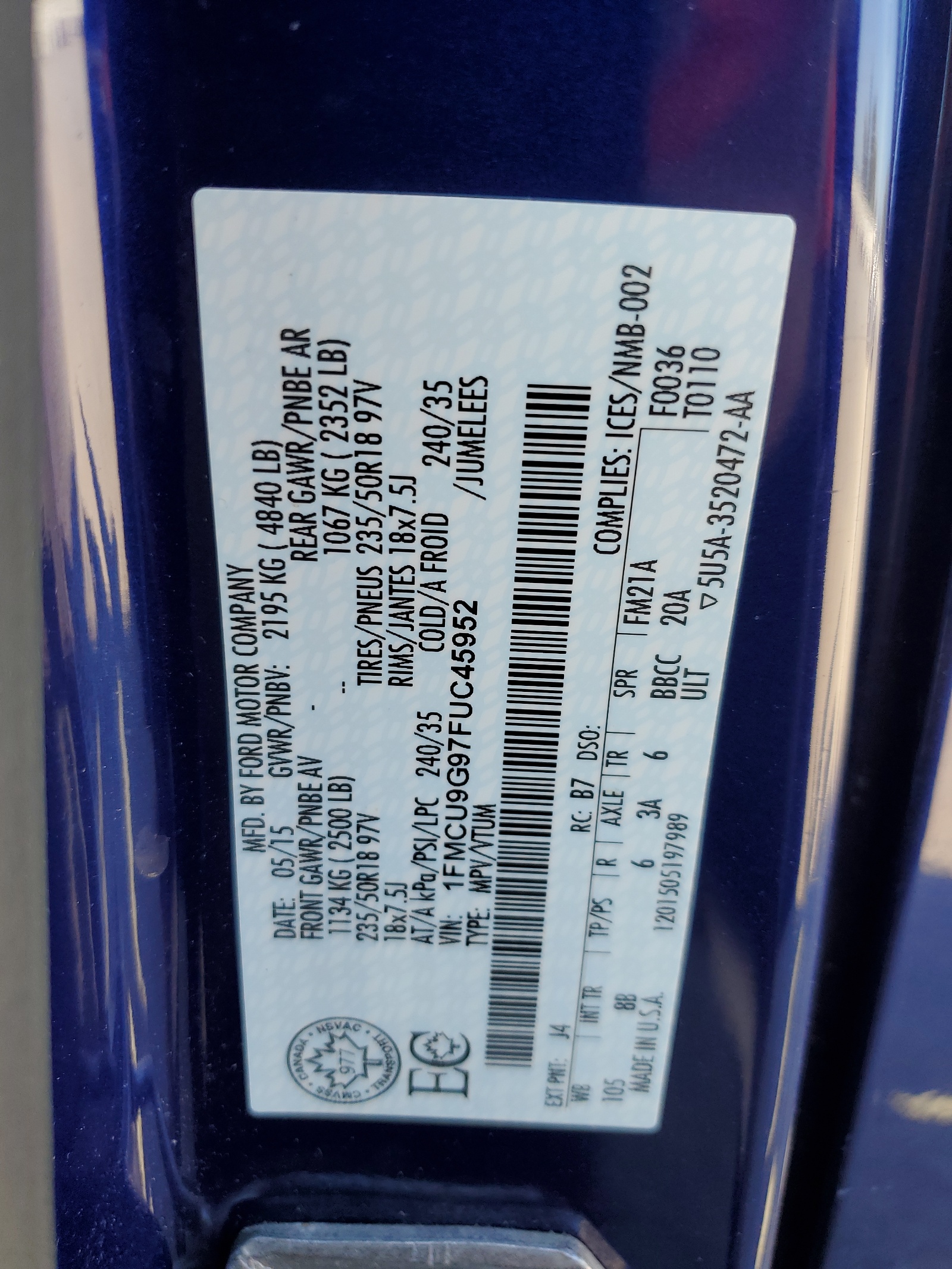 1FMCU9G97FUC45952 2015 Ford Escape Se