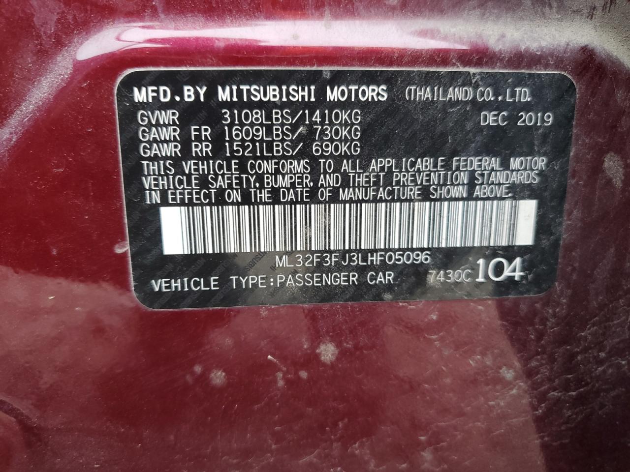 ML32F3FJ3LHF05096 2020 Mitsubishi Mirage G4 Es