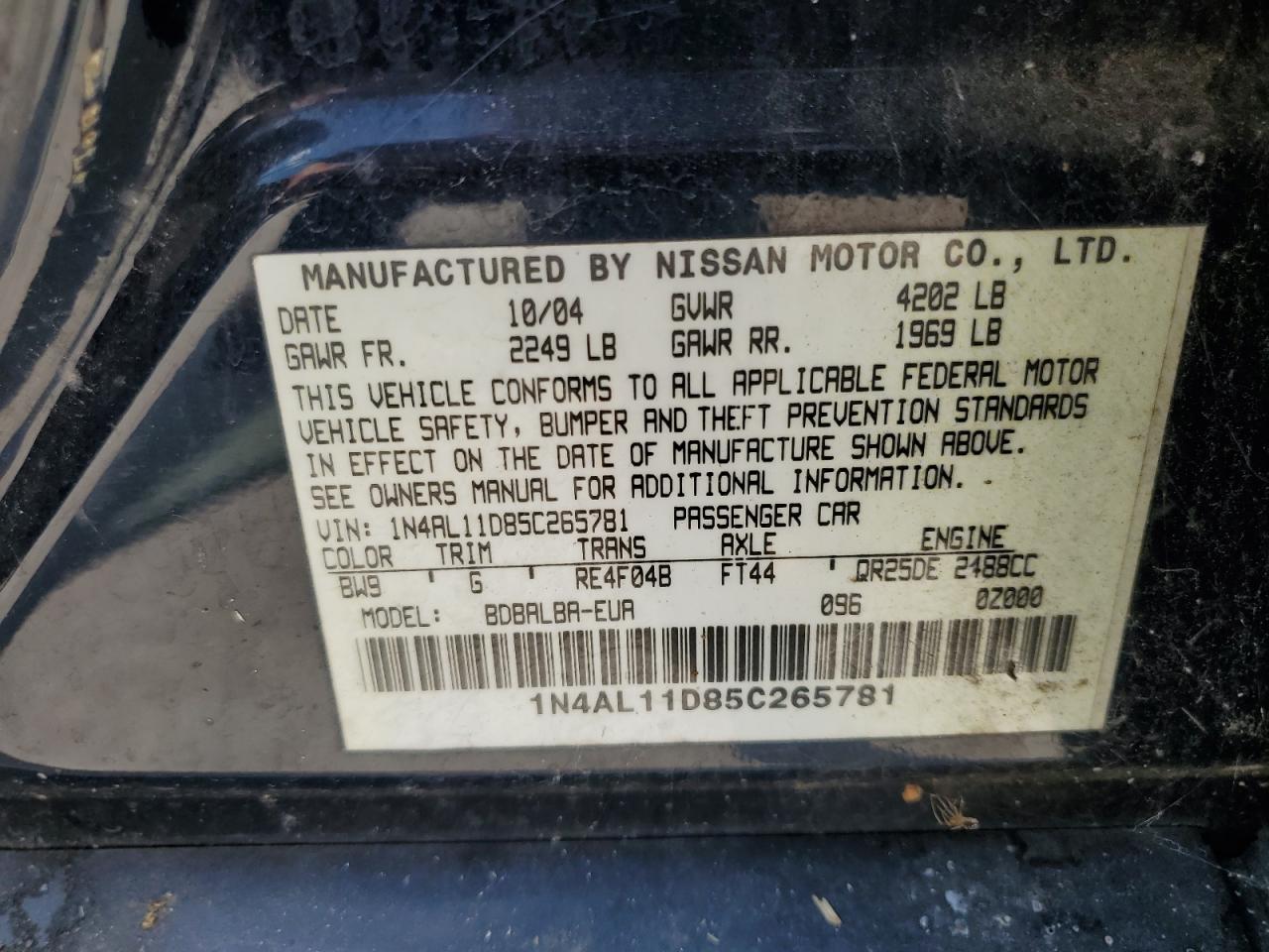 2005 Nissan Altima S VIN: 1N4AL11D85C265781 Lot: 67279294