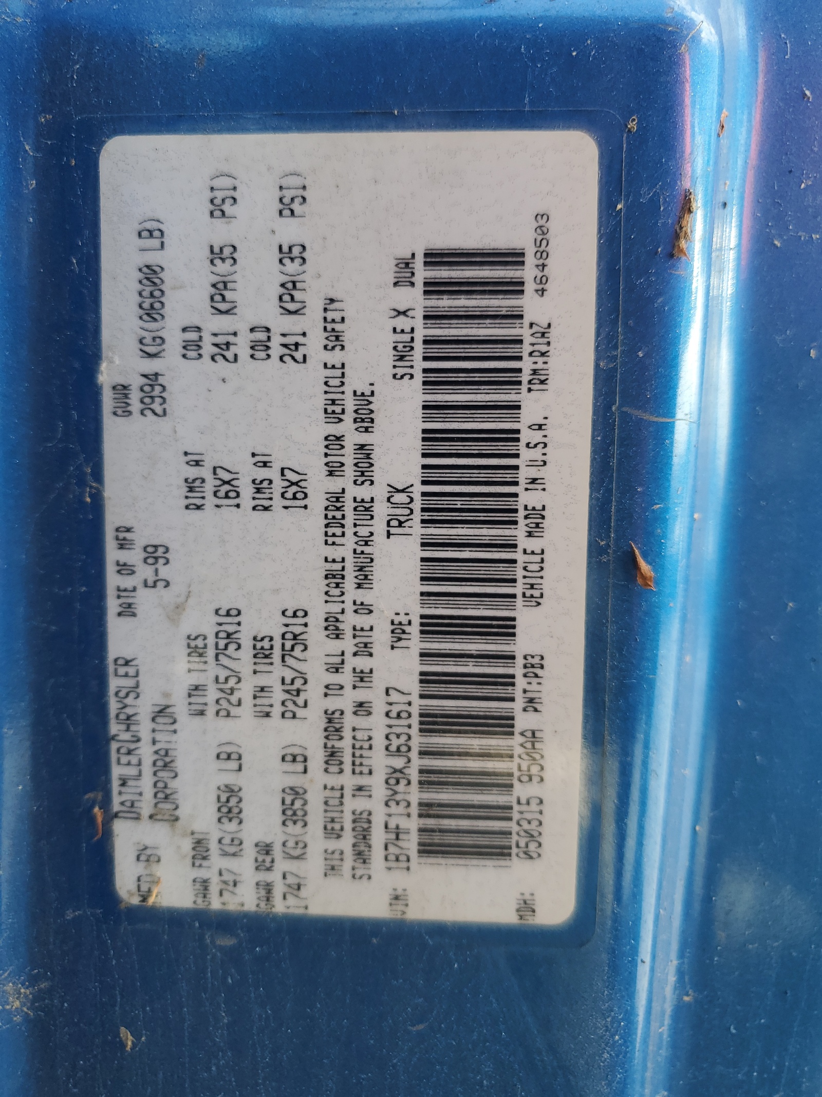 1B7HF13Y9XJ631617 1999 Dodge Ram 1500