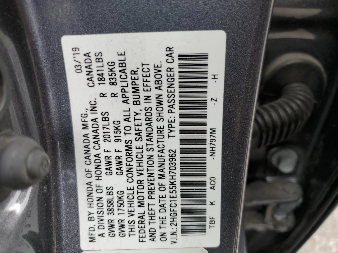 2HGFC1E55KH703962 2019 Honda Civic Si