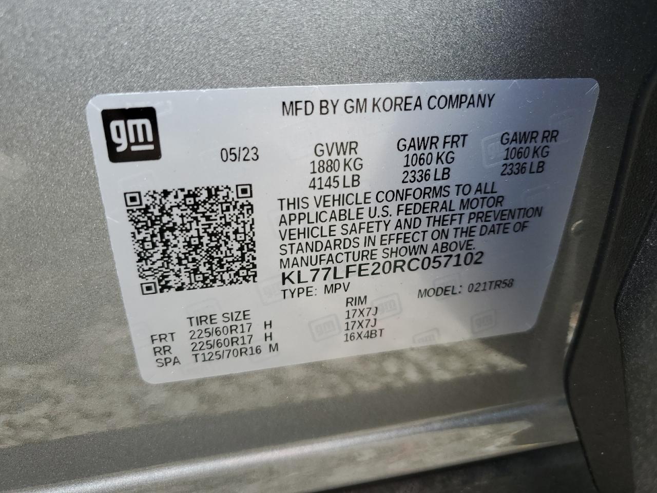 2024 Chevrolet Trax Ls VIN: KL77LFE20RC057102 Lot: 65818924