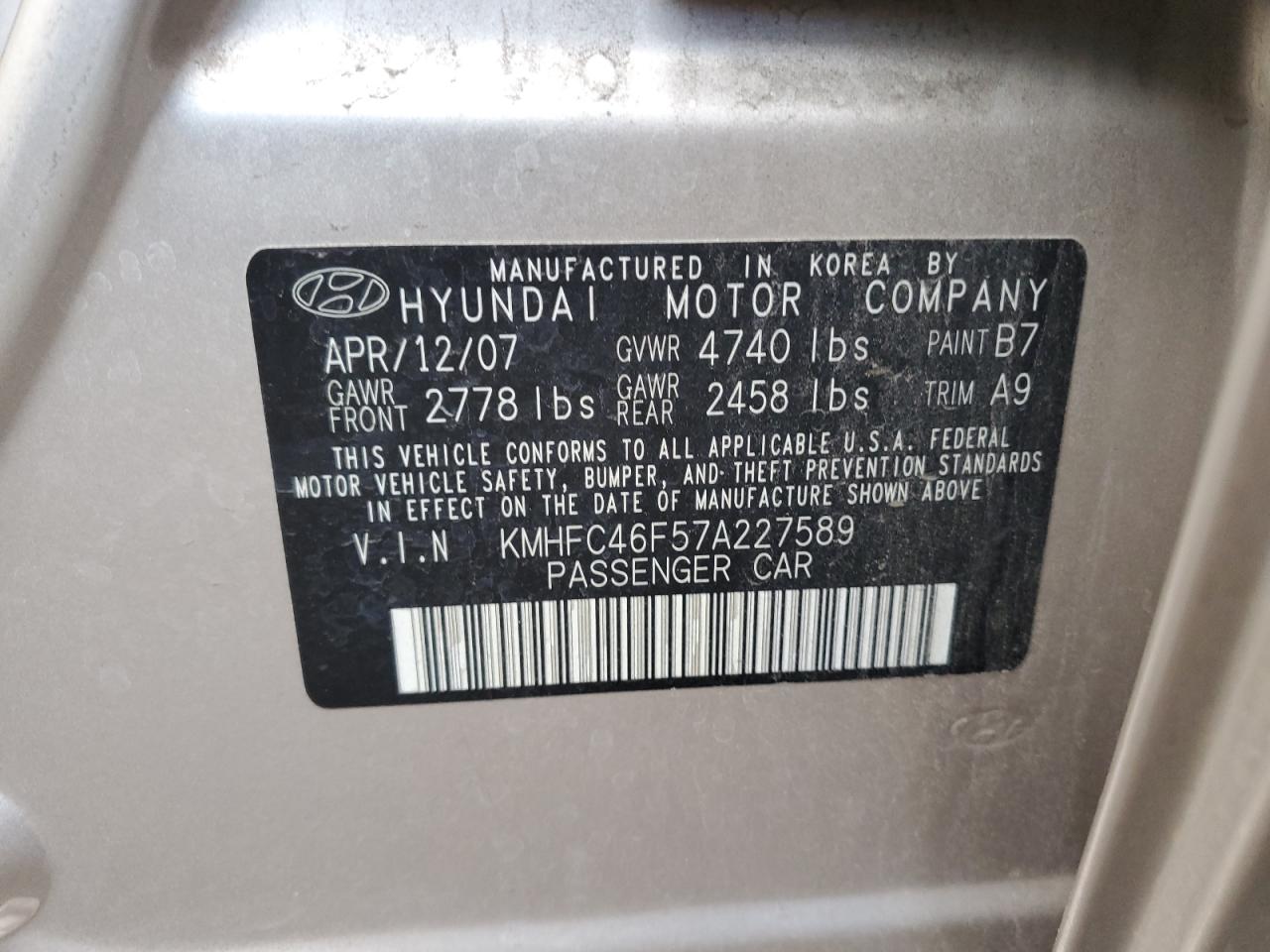 KMHFC46F57A227589 2007 Hyundai Azera Se