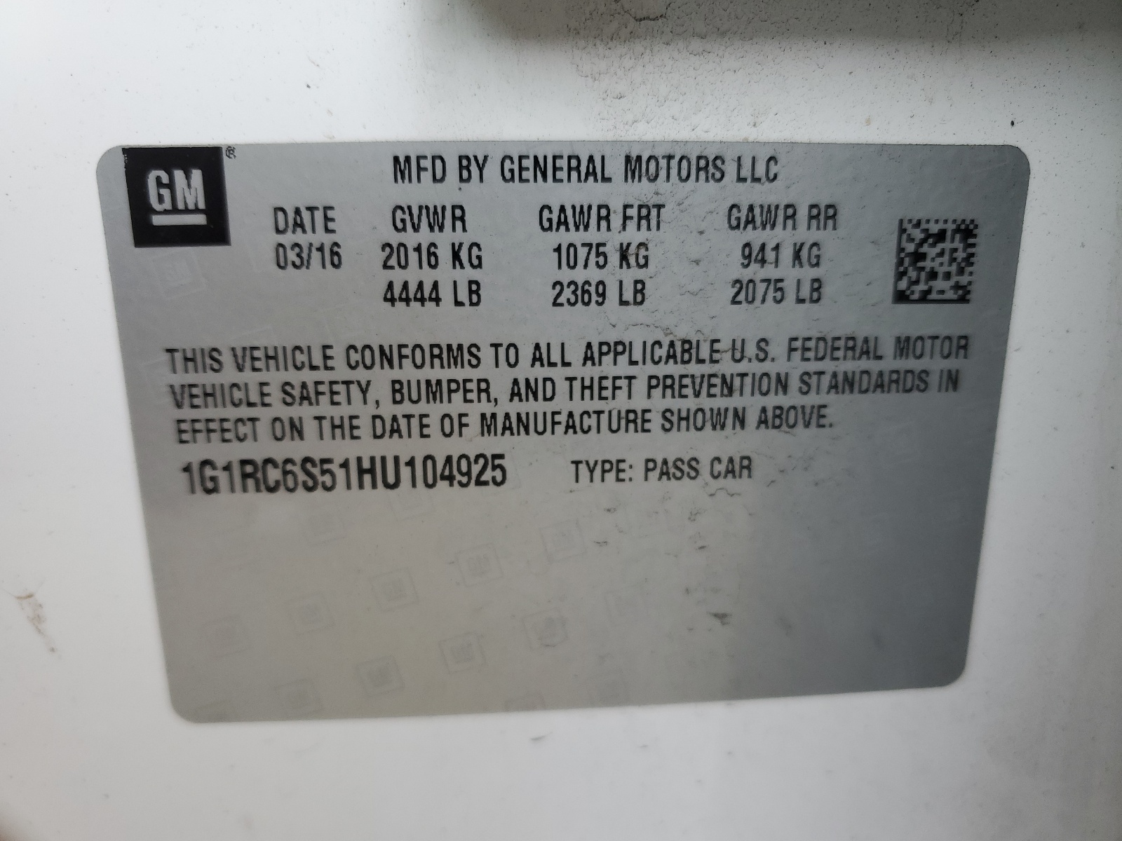 1G1RC6S51HU104925 2017 Chevrolet Volt Lt