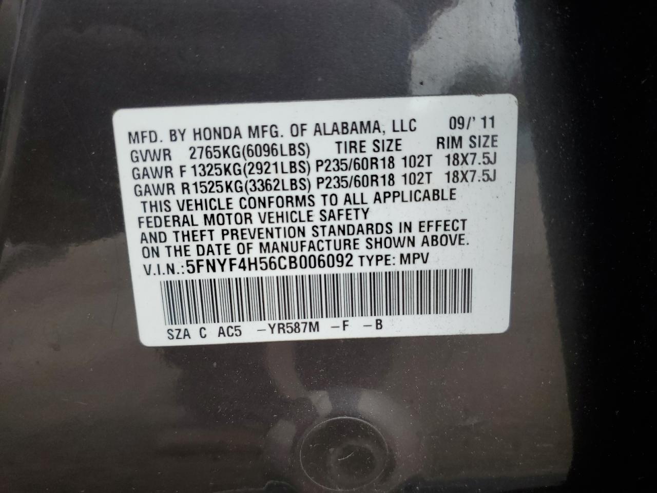 2012 Honda Pilot Exl VIN: 5FNYF4H56CB006092 Lot: 67881934