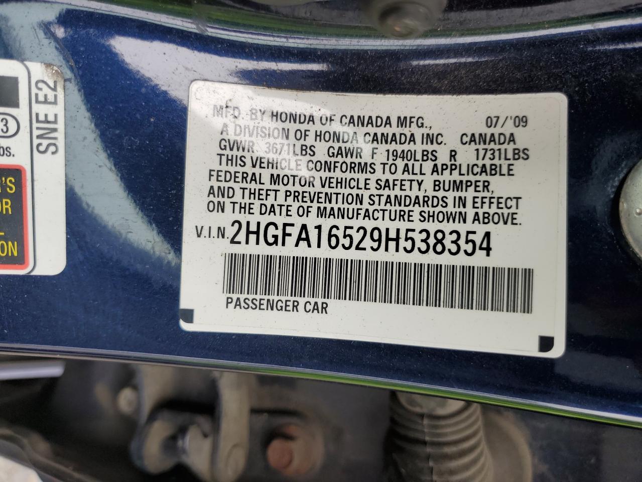 2009 Honda Civic Lx VIN: 2HGFA16529H538354 Lot: 65954744