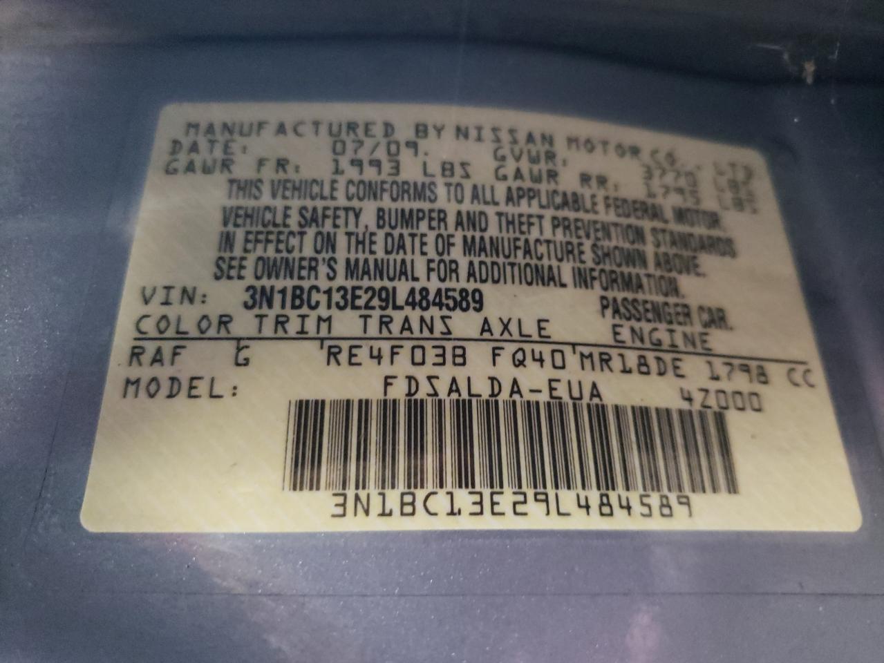 2009 Nissan Versa S VIN: 3N1BC13E29L484589 Lot: 68772724