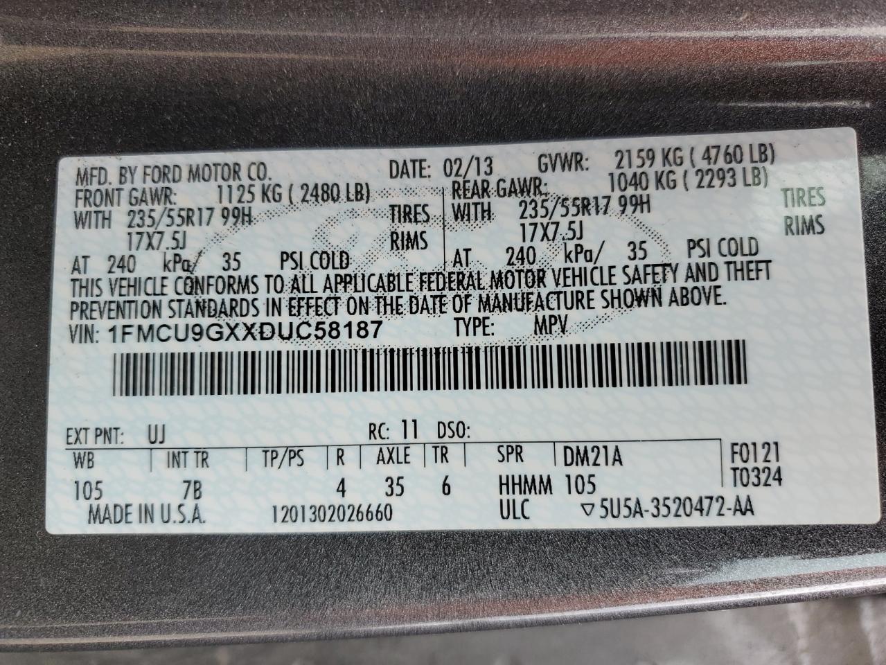 1FMCU9GXXDUC58187 2013 Ford Escape Se