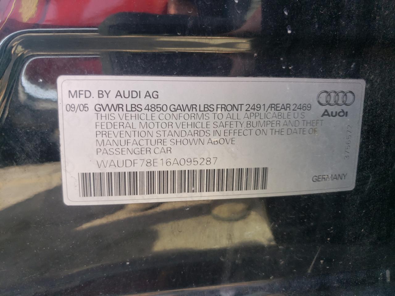 2006 Audi A4 2.0T Quattro VIN: WAUDF78E16A095287 Lot: 69079334