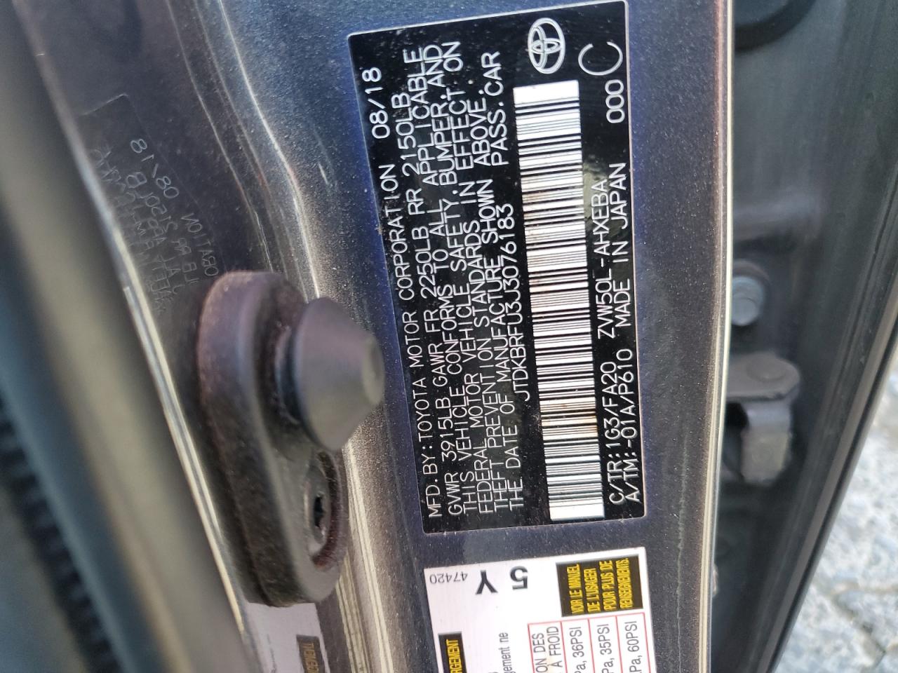 2018 Toyota Prius VIN: JTDKBRFU3J3076183 Lot: 66205844