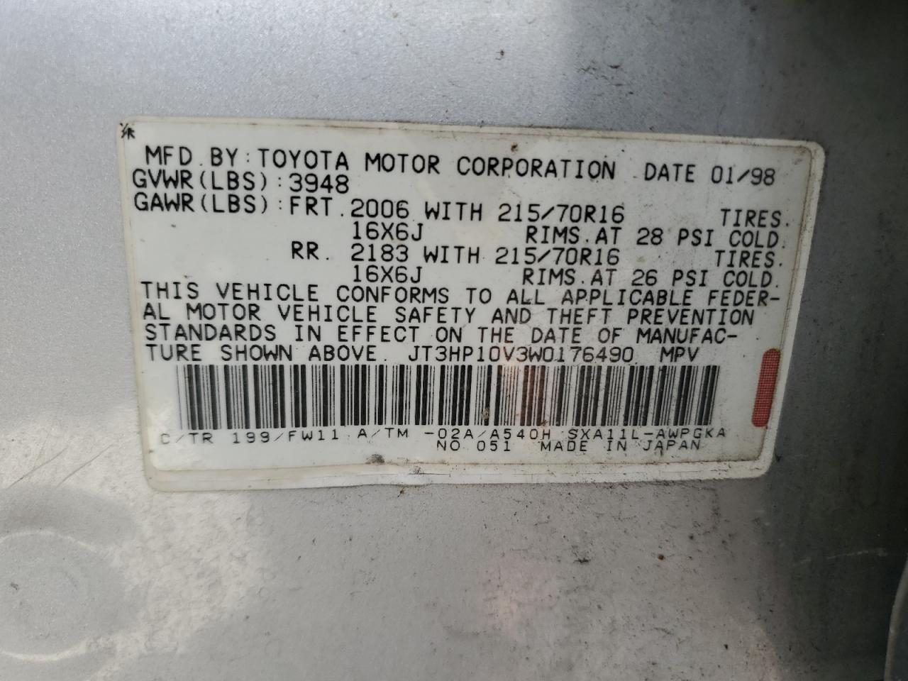 1998 Toyota Rav4 VIN: JT3HP10V3W0176490 Lot: 66627754