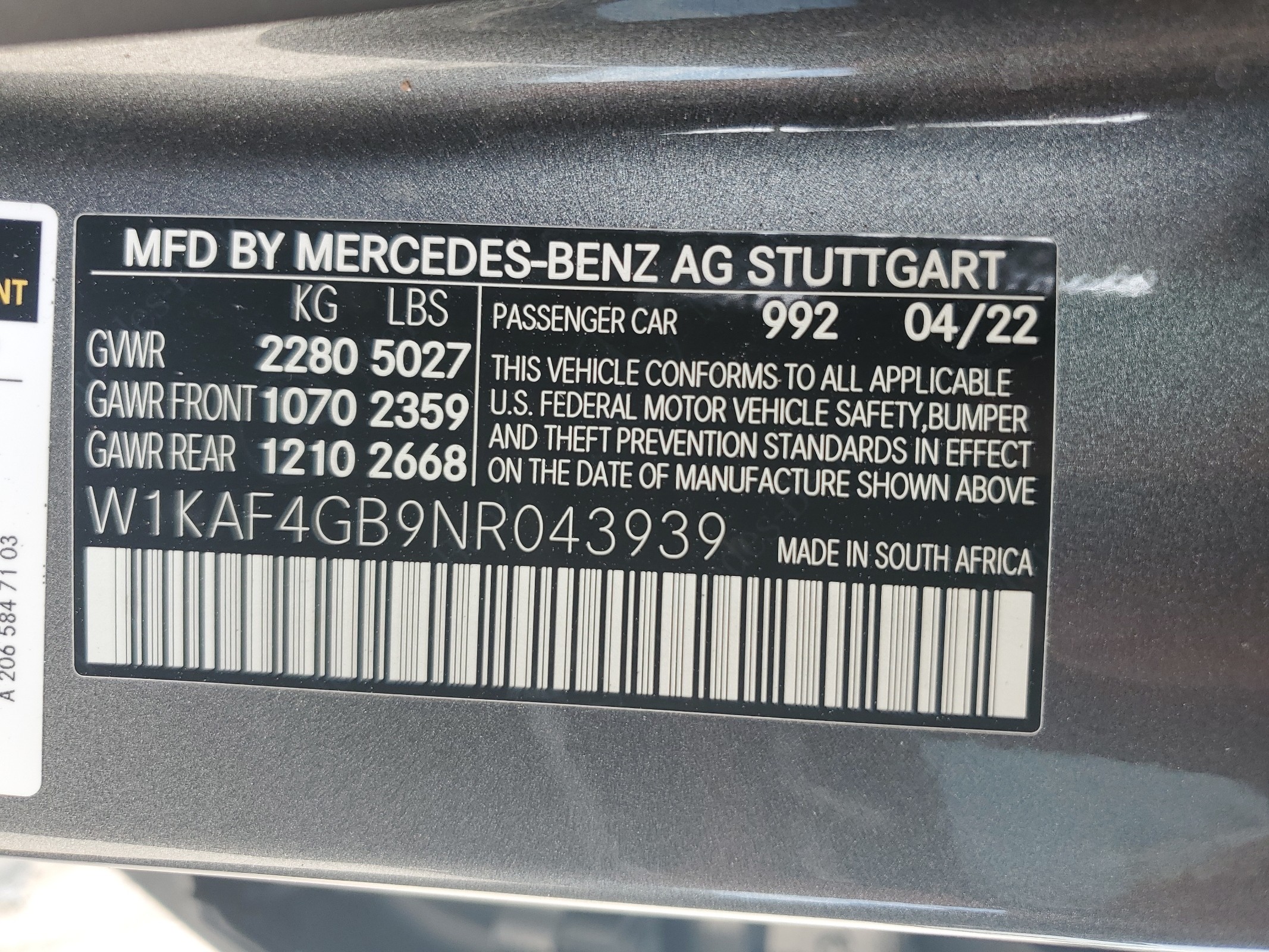 W1KAF4GB9NR043939 2022 Mercedes-Benz C 300