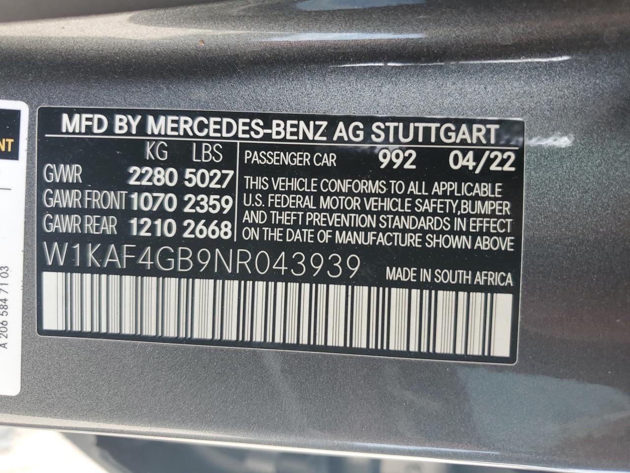 2022 Mercedes-Benz C 300 VIN: W1KAF4GB9NR043939 Lot: 66687794