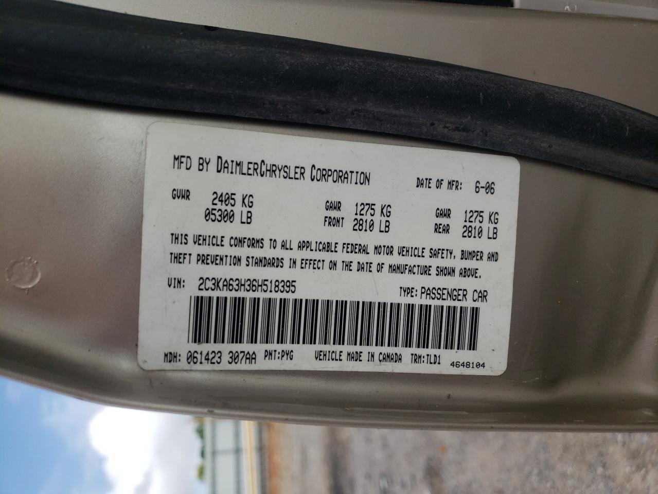 2006 Chrysler 300C VIN: 2C3KA63H36H518395 Lot: 66418064