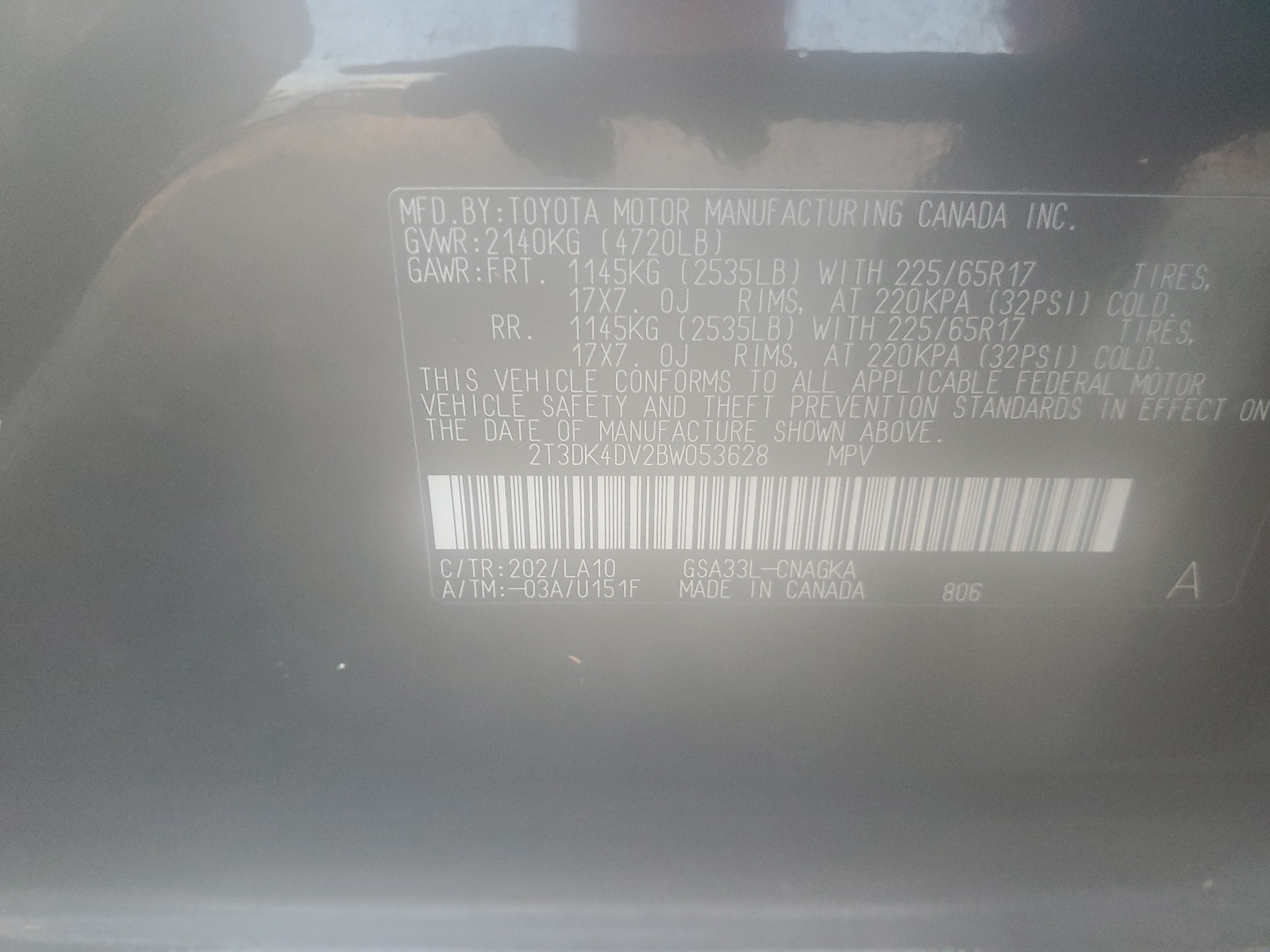 2T3DK4DV2BW053628 2011 Toyota Rav4 Limited