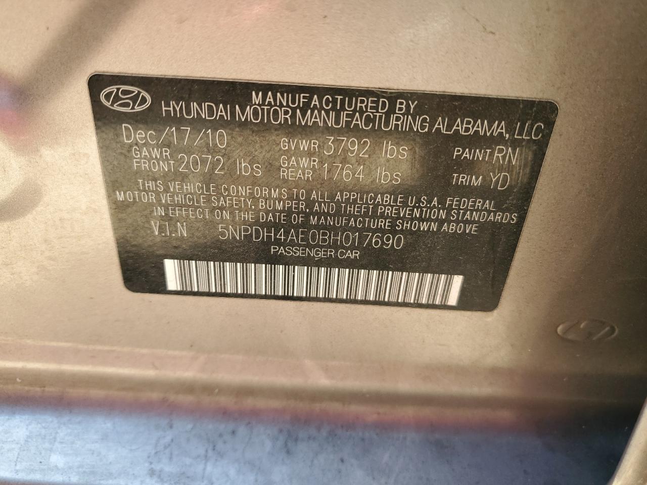 5NPDH4AE0BH017690 2011 Hyundai Elantra Gls