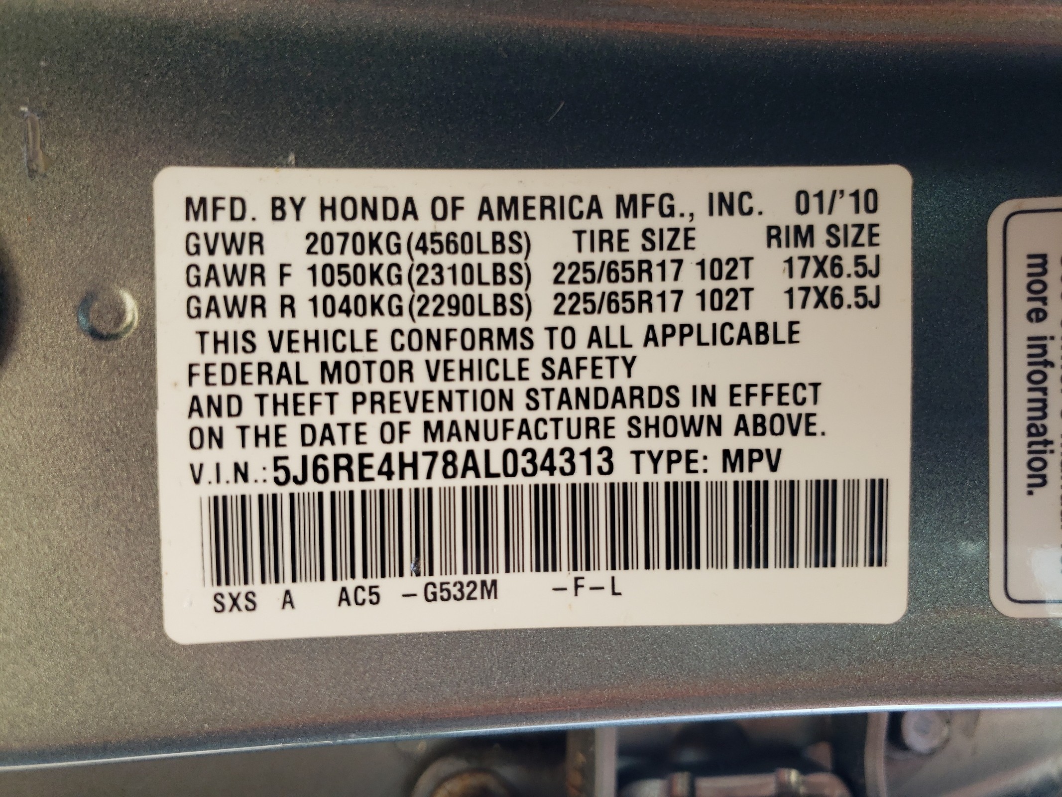 5J6RE4H78AL034313 2010 Honda Cr-V Exl