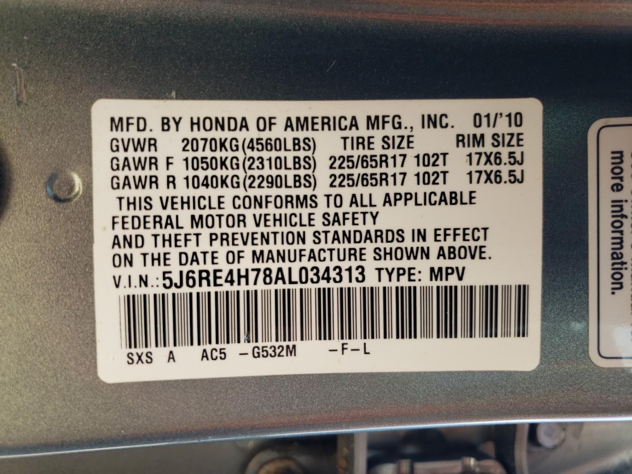 2010 Honda Cr-V Exl VIN: 5J6RE4H78AL034313 Lot: 64189694