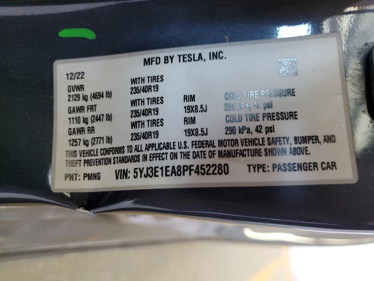 2023 Tesla Model 3 VIN: 5YJ3E1EA8PF452280 Lot: 66220424