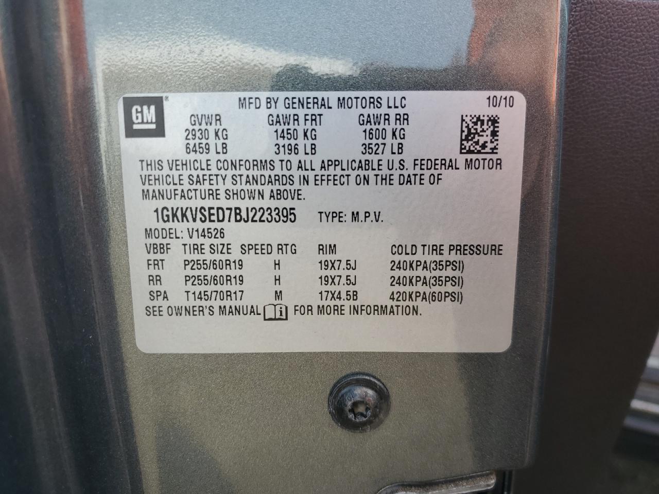 2011 GMC Acadia Slt-2 VIN: 1GKKVSED7BJ223395 Lot: 67463024