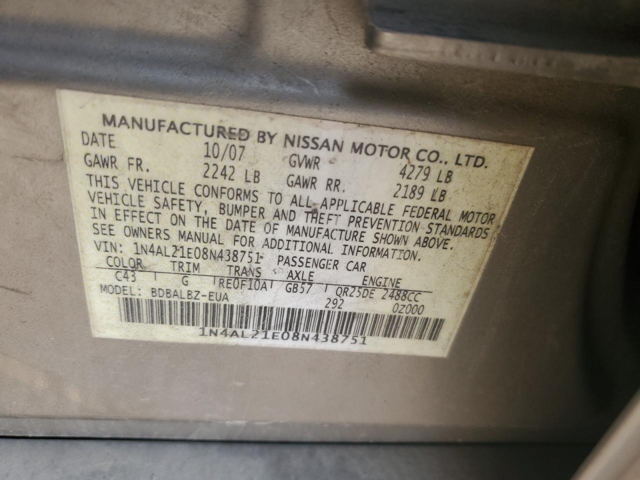 1N4AL21E08N438751 2008 Nissan Altima 2.5