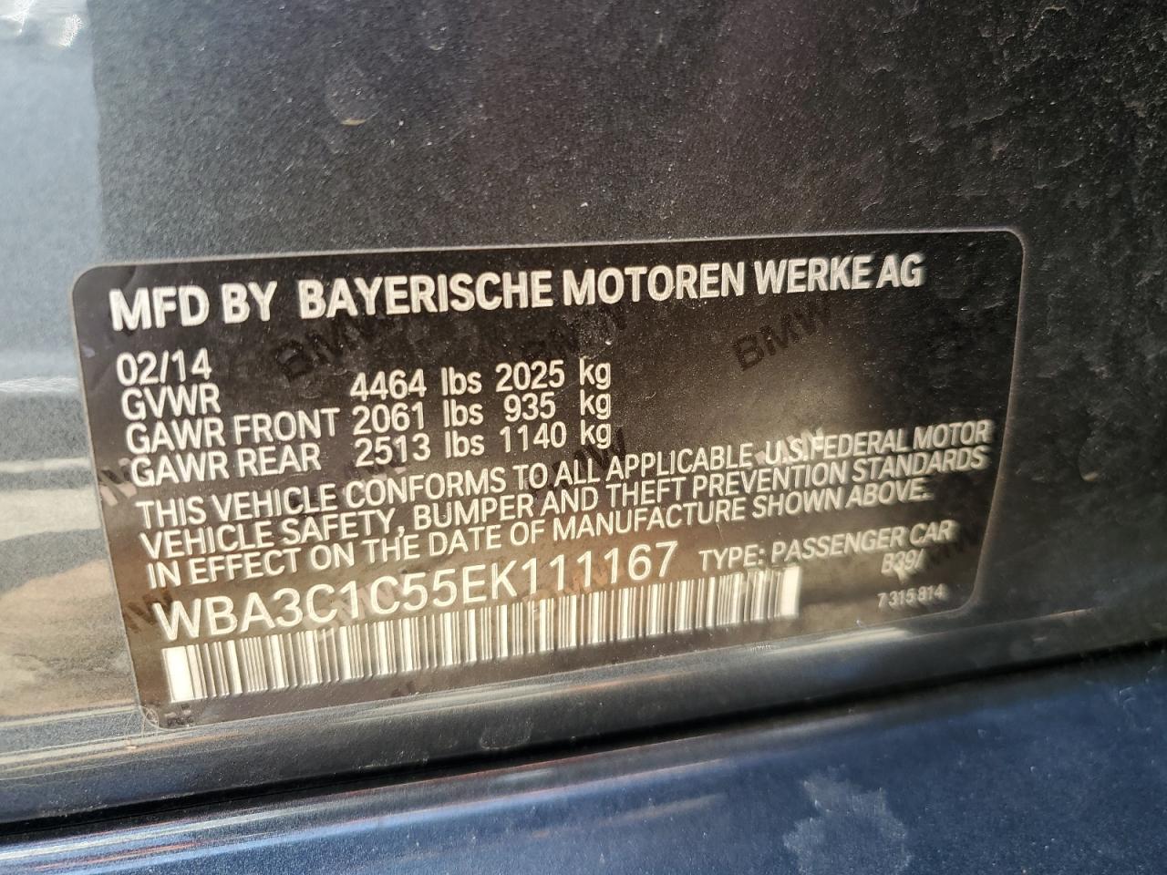 2014 BMW 328 I Sulev VIN: WBA3C1C55EK111167 Lot: 66102804