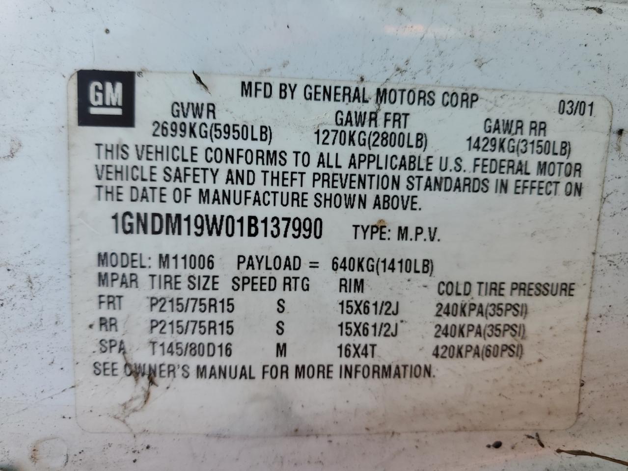 2001 Chevrolet Astro VIN: 1GNDM19W01B137990 Lot: 66127254