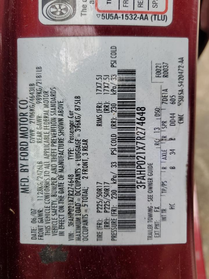 2007 Ford Fusion Sel VIN: 3FAHP021X7R274648 Lot: 66415684