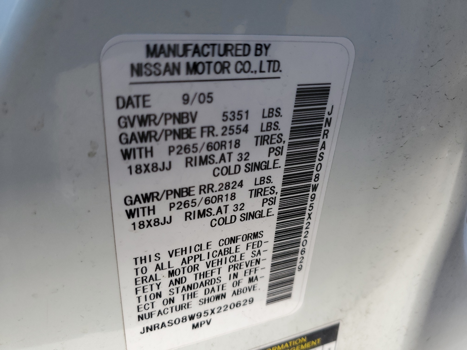 JNRAS08W95X220629 2005 Infiniti Fx35