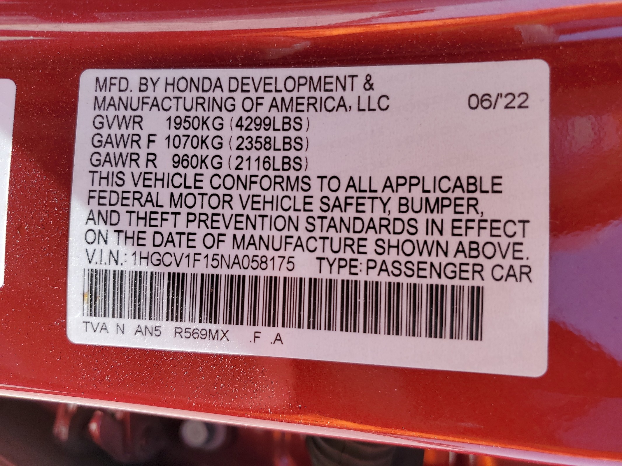 1HGCV1F15NA058175 2022 Honda Accord Lx