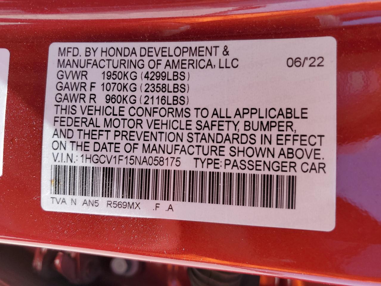 2022 Honda Accord Lx VIN: 1HGCV1F15NA058175 Lot: 68543044