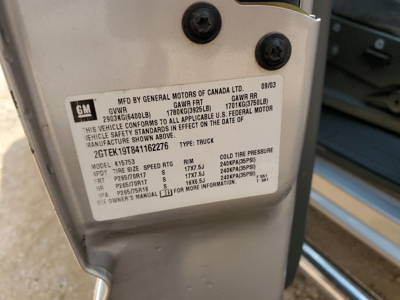 2004 GMC New Sierra K1500 VIN: 2GTEK19T841162276 Lot: 67887294