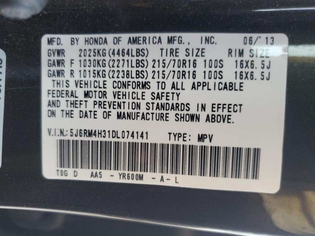 2013 Honda Cr-V Lx VIN: 5J6RM4H31DL074141 Lot: 66871234