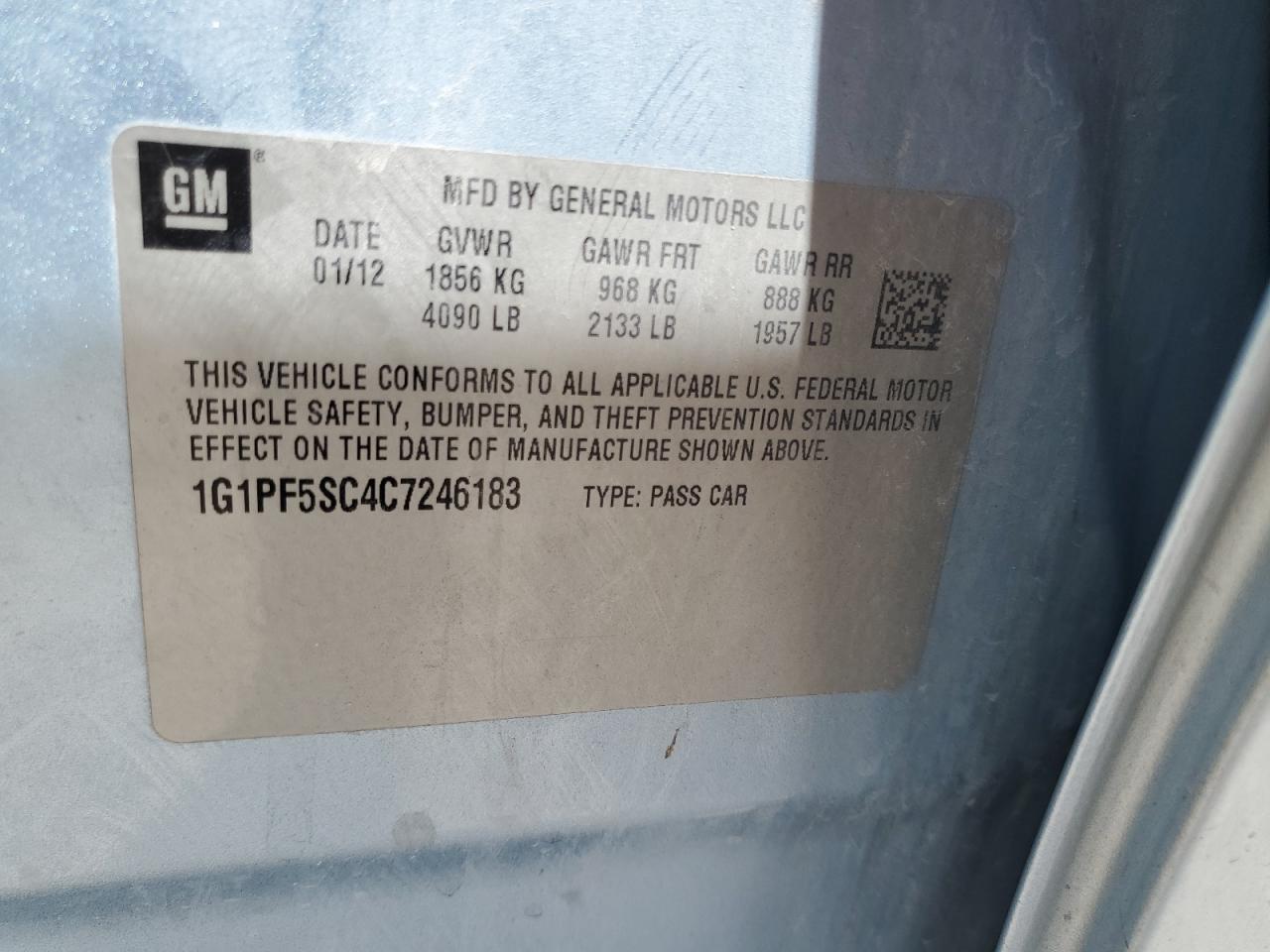 2012 Chevrolet Cruze Lt VIN: 1G1PF5SC4C7246183 Lot: 65521774
