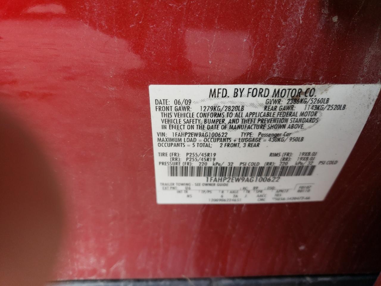 2010 Ford Taurus Sel VIN: 1FAHP2EW9AG100622 Lot: 68086184