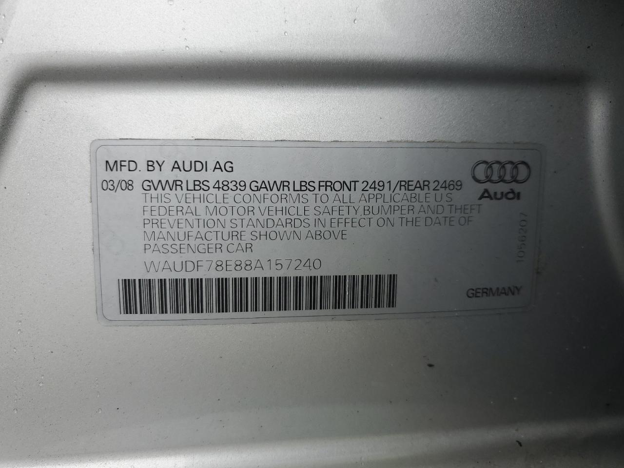 WAUDF78E88A157240 2008 Audi A4 2.0T Quattro