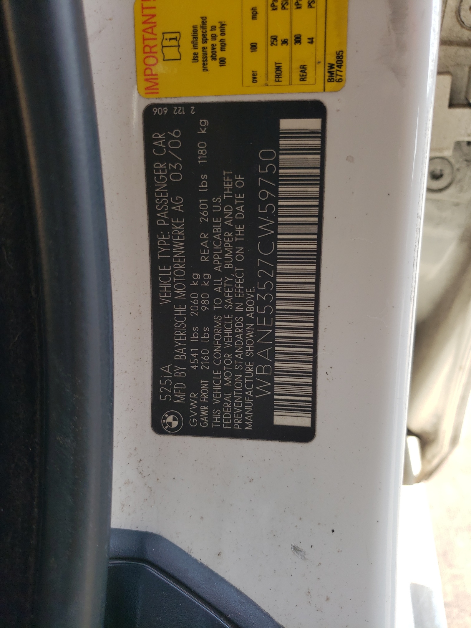 WBANE53527CW59750 2007 BMW 525 I