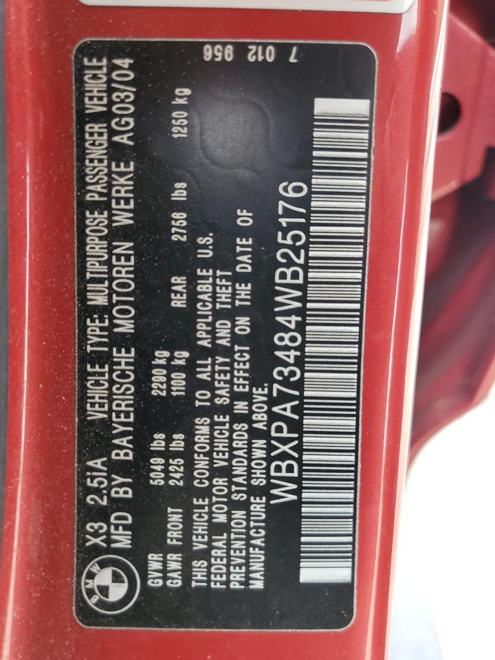 2004 BMW X3 2.5I VIN: WBXPA73484WB25176 Lot: 66919834