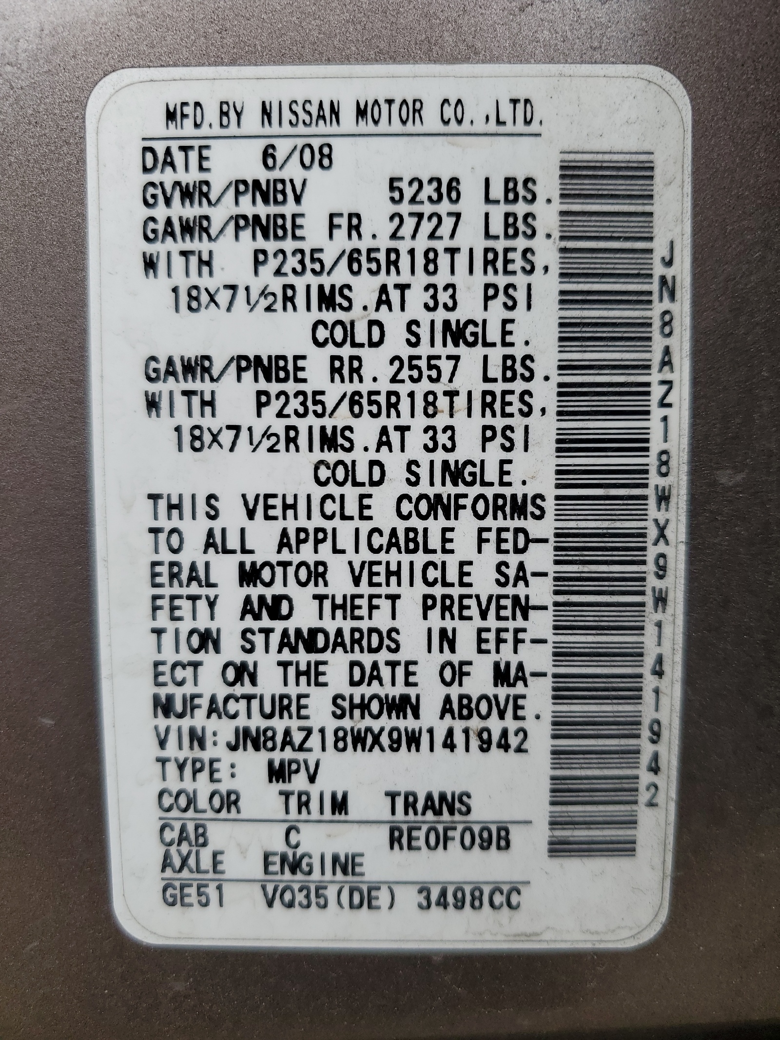 JN8AZ18WX9W141942 2009 Nissan Murano S