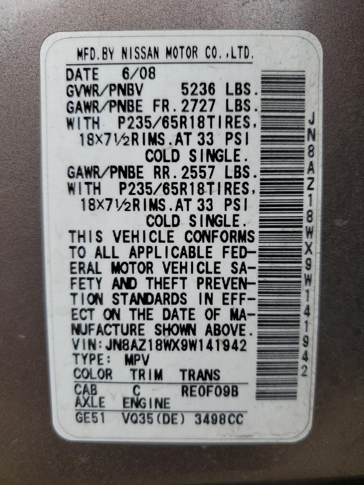 2009 Nissan Murano S VIN: JN8AZ18WX9W141942 Lot: 66536194